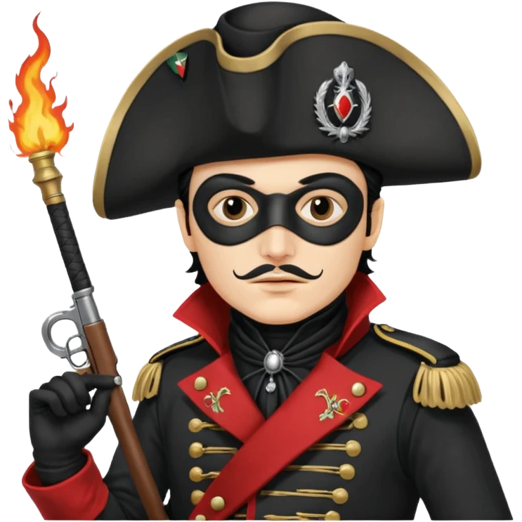 Adam Ant  with black mask is wearing a Hungarian jacket Hussar'S JACKET, holds two firelocks holsters in his hands emoji