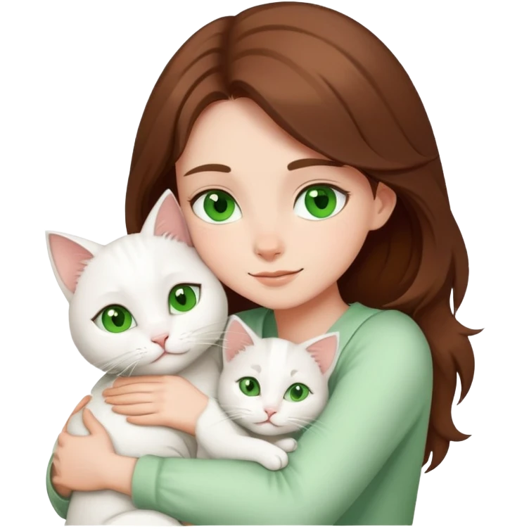 a brown haired and green eyed girl hugging to her white cat emoji
