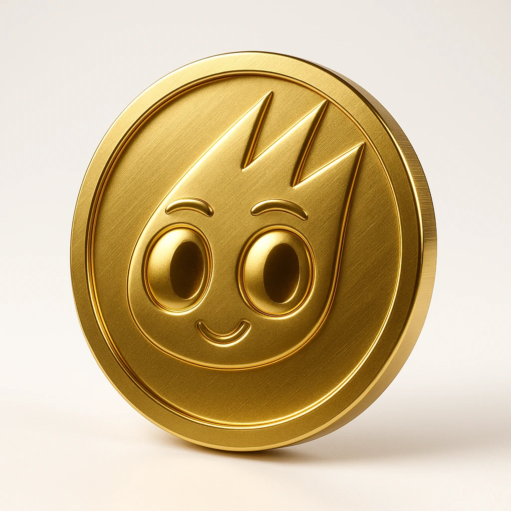 Create a flat gold token featuring only the mascot's head centered. The illustration should be clean, simple, and flat with a gold color scheme. No body or accessories included, focusing solely on the head as the main feature. emoji