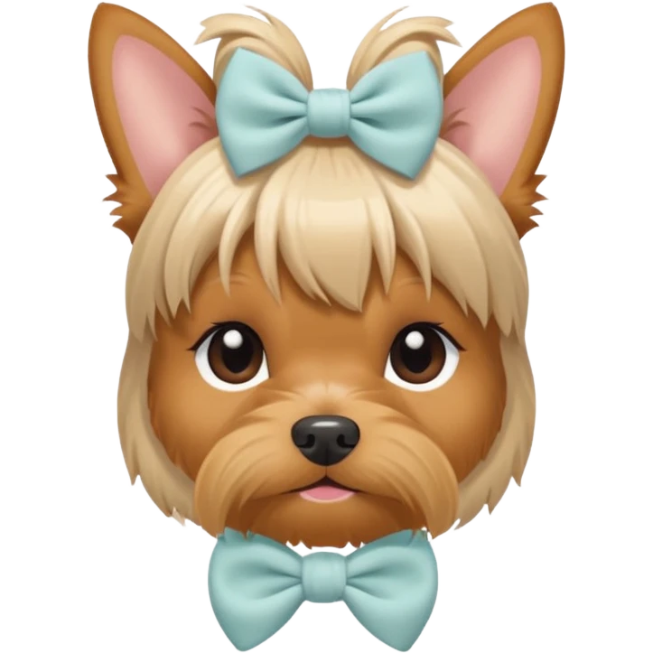 a Yorkshire Terrier face with a ponytail on head tied with a soft beige bow. Cute expression, flat design, pastel colors emoji