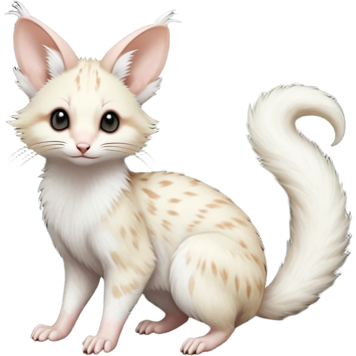 Albino-white, soft natural realistic romantic vintage antique divine beautiful elegant pretty precious cute young youthful  Fakémon-Pokémon-opossum-feline-mouse-serval-caracal-chinchilla-Minccino-Cinccino-Meowstic-rodent-hybrid-creature with a big fluffy bushy tail (full body) emoji