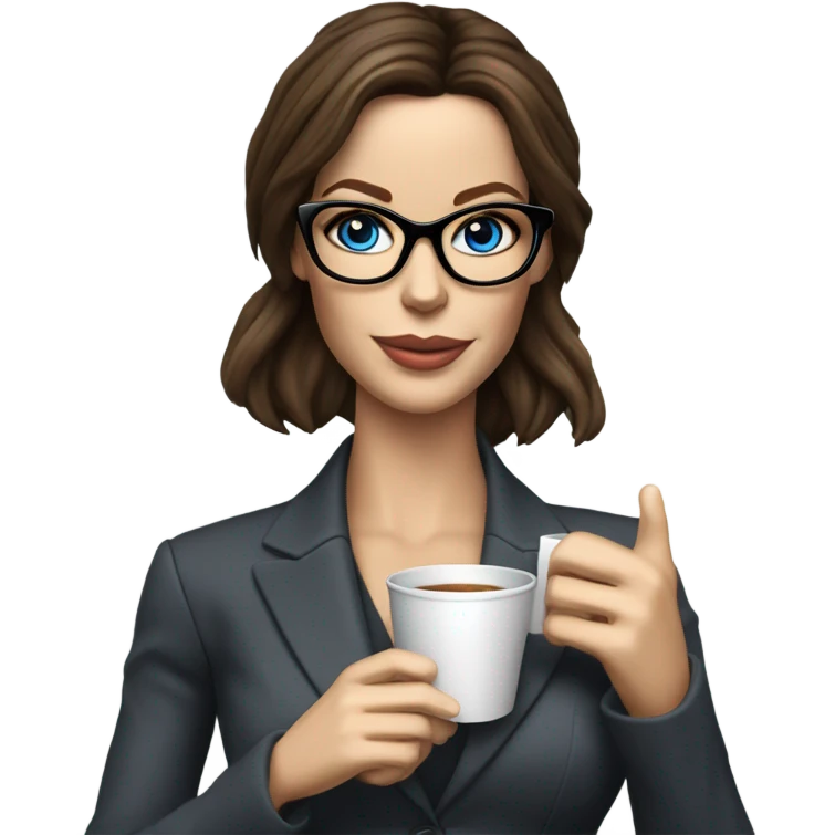 Lifelike model Kate Beckinsale blue eyes wearing glasses in a business dress drinking a cup of tea  emoji
