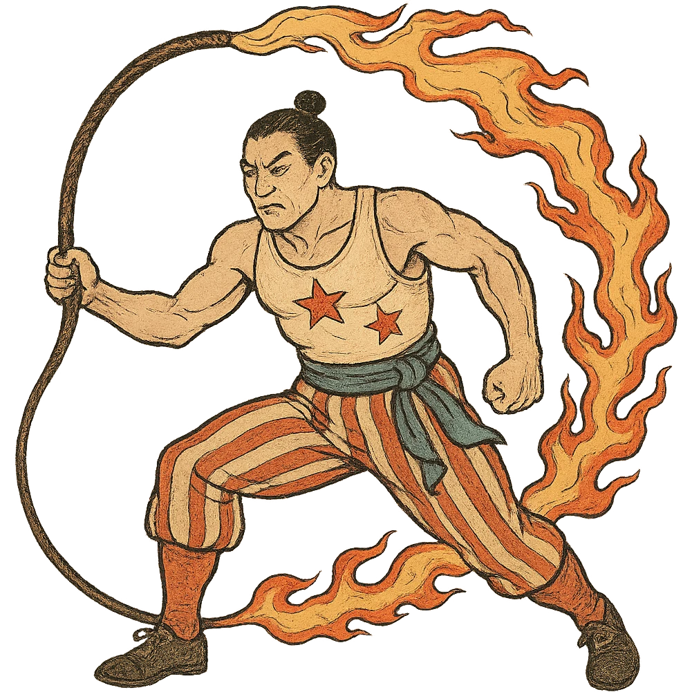 ukiyo-e style vintage circus performer with a fire whip, no background emoji