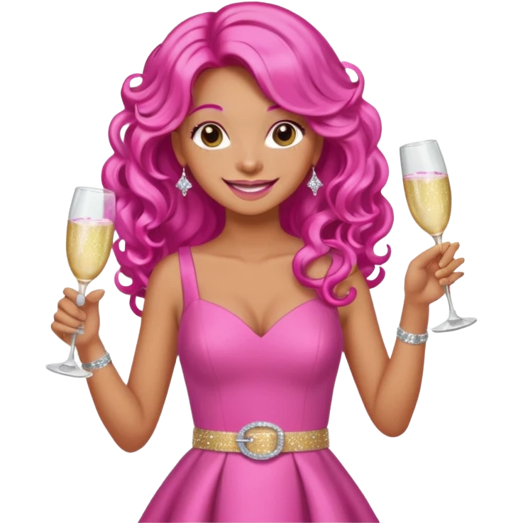 One lady with long hot pink curled hair and tan skin wearing a pink dress with sparkly belt holding a glass of pink champagne in each hand smiling cheerfully  emoji