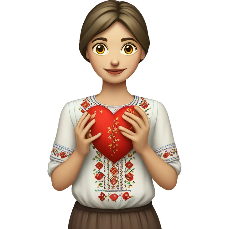 A Ukrainian woman in an embroidered shirt holds a heart in her hands emoji
