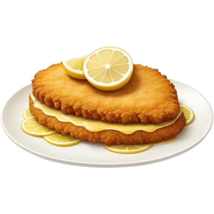 Cinematic Realistic Veal Schnitzel Dish Emoji, depicted as a golden, breaded veal cutlet served with lemon rendered with crisp textures and inviting, natural lighting. emoji