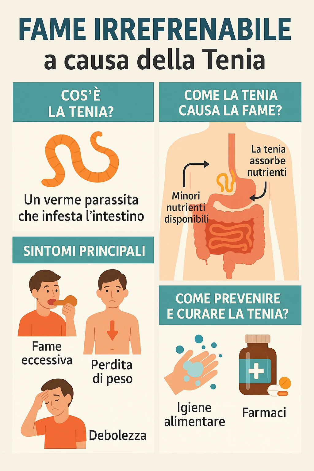 fame irrefrenabile per colpa della tenia, infografica italiano emoji