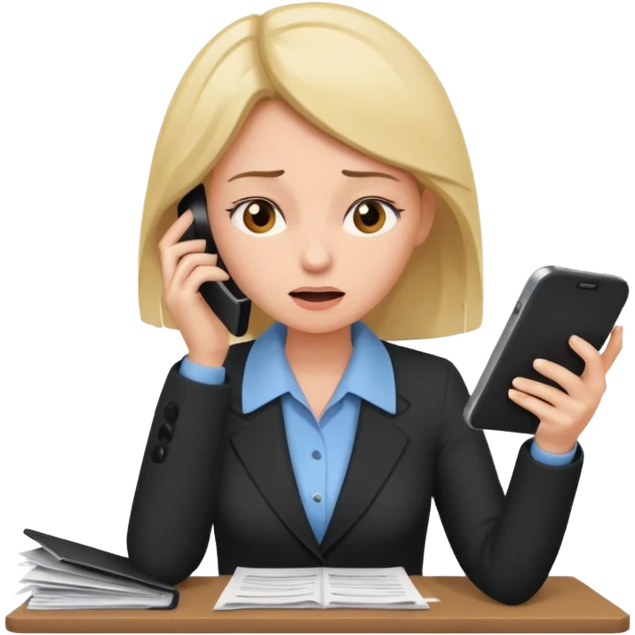 the same woman, but dropping documents and using the phone emoji