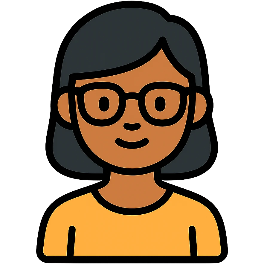 Asian girl with tan skin, short black hair, and glasses, color outline icon emoji