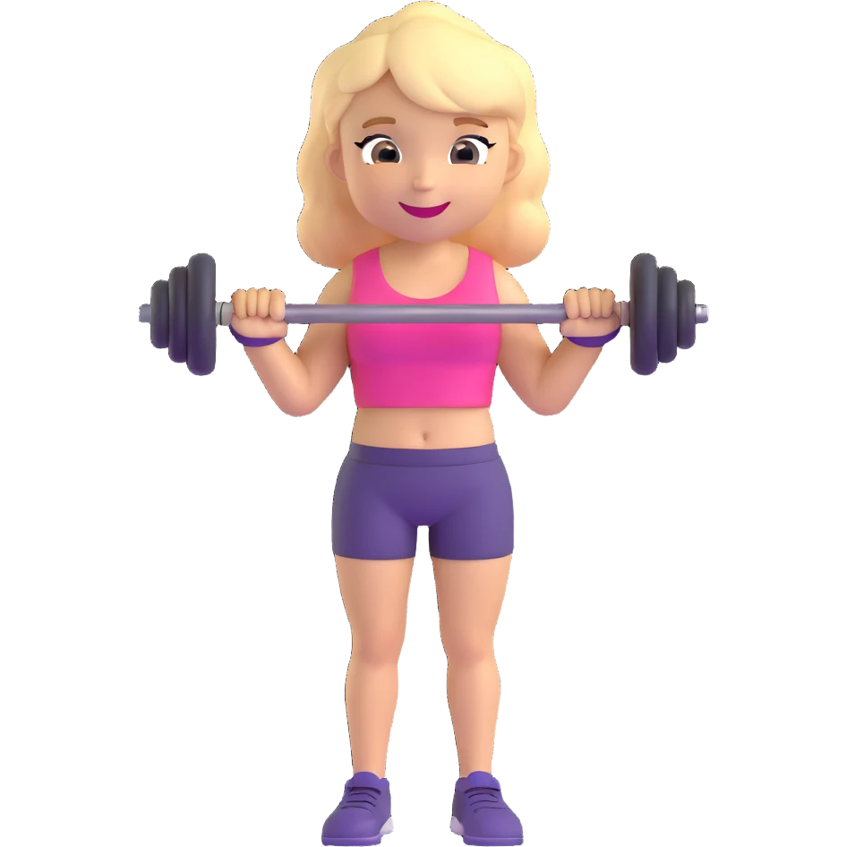 blondes Mädchen, das gerne ins Fitnessstudio geht, stark, sportlich, lächelnd, mit Hanteln oder Fitness-Accessoires emoji