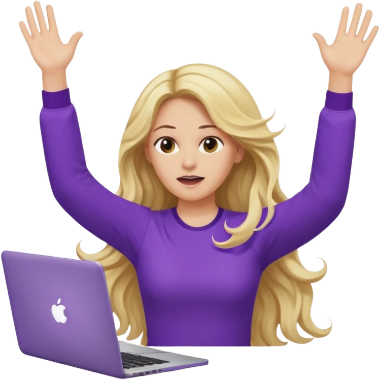 lady with long blonde wavy hair, purple top throwing her with a laptop hands in the air saying why emoji