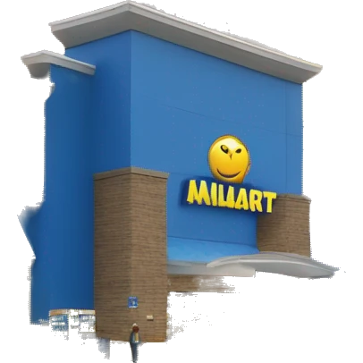 “Exterior of a Walmart store with the sunburst logo above the entrance, blue facade with yellow accents, large sliding glass doors, and shopping carts lined up outside, capturing the look of a busy retail supercenter.” emoji