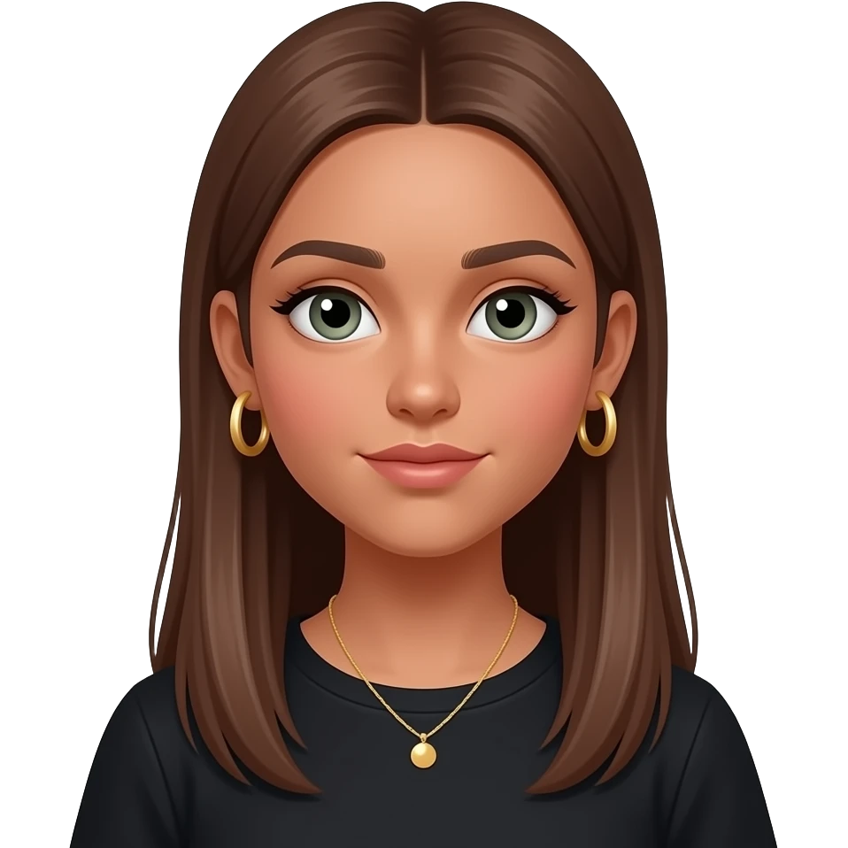 17 year old girl with straight extra long  brown hair, green-grey eyes, tan skin, gold hoop earrings, dainty gold necklace, wearing a black top emoji