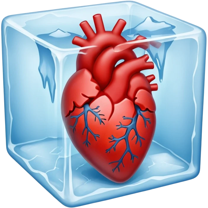A realistic human heart completely frozen, trapped inside a clear ice cube emoji