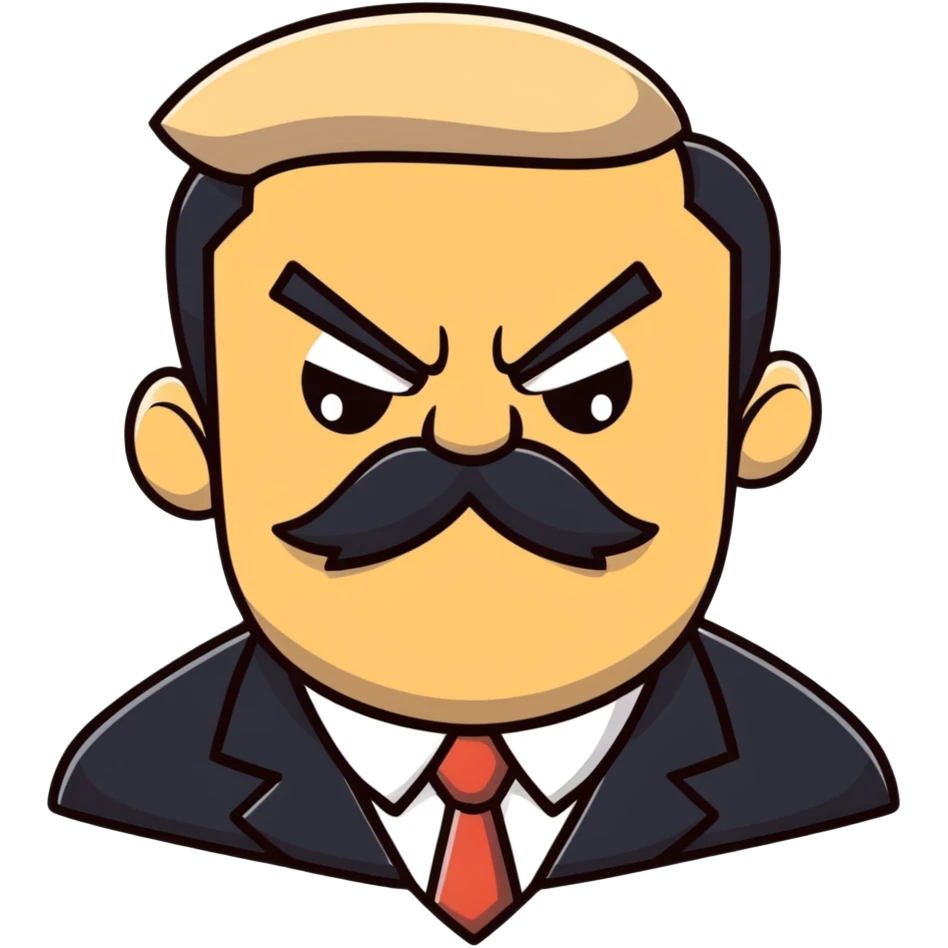 A cartoon angry boss character with a thick mustache, frowning face emoji