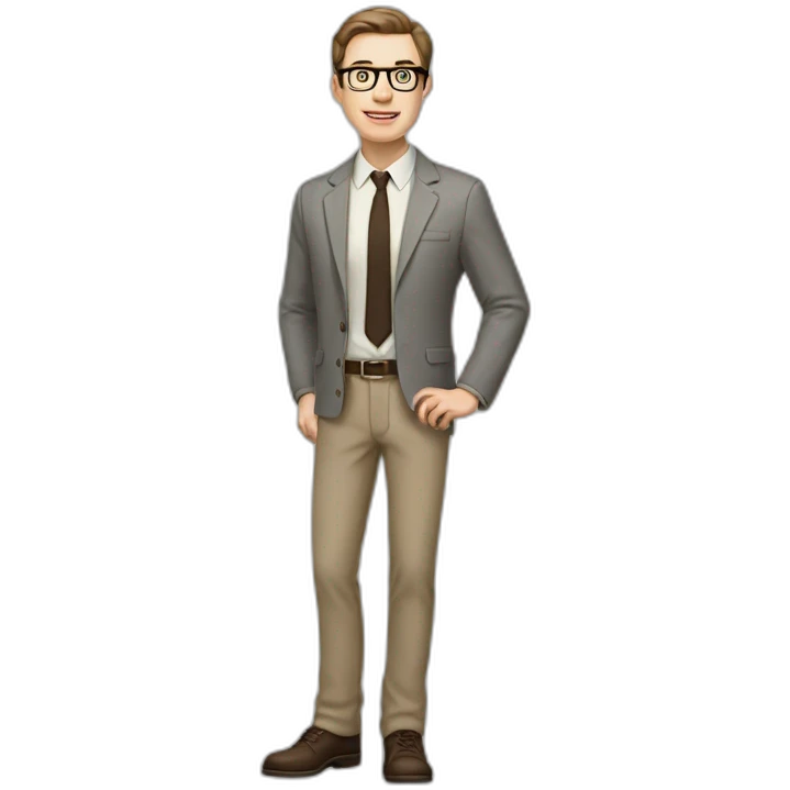 Full height Actively Gesturing Pale skinned fit man with dark brown hair in gray jacket, beige office shirt, brown tie, brown pants and vintage glasses. emoji