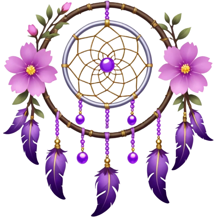 A silver-framed Dreamcatcher. with purple-round-orbs, gold-rings hanging down. purple flowers, pink sakura flowers, emoji