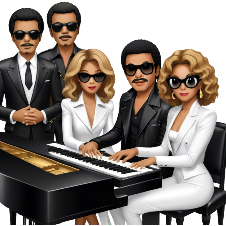 Michael Jackson in his black leather jacket, Beyoncé in a glamorous stage outfit, Lionel Richie in his classic look, Whitney Houston in her famous dress, and Ray Charles in black glasses sitting at a piano. Transparent background. emoji