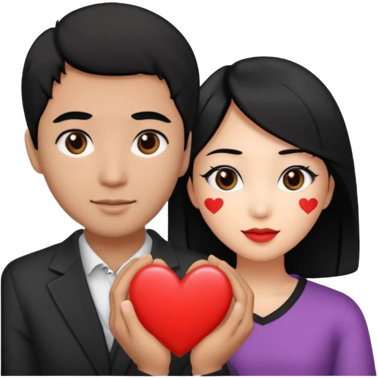 Asian Woman with black hair black eyes, brown man with black hair black eyes, and love heart emoji