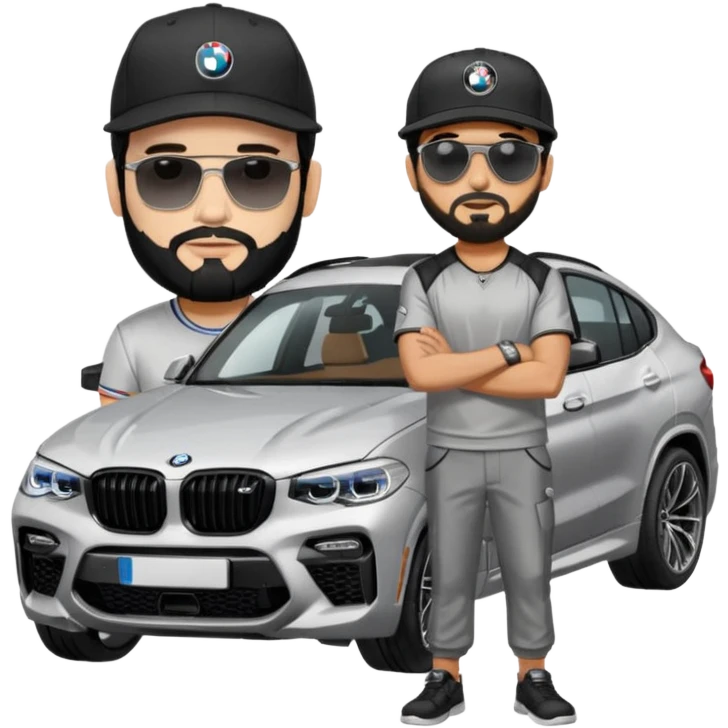 A man with black hair and beard standing next to his silver grey BMW X4 M competition with sunglasses and a black baseball cap on emoji