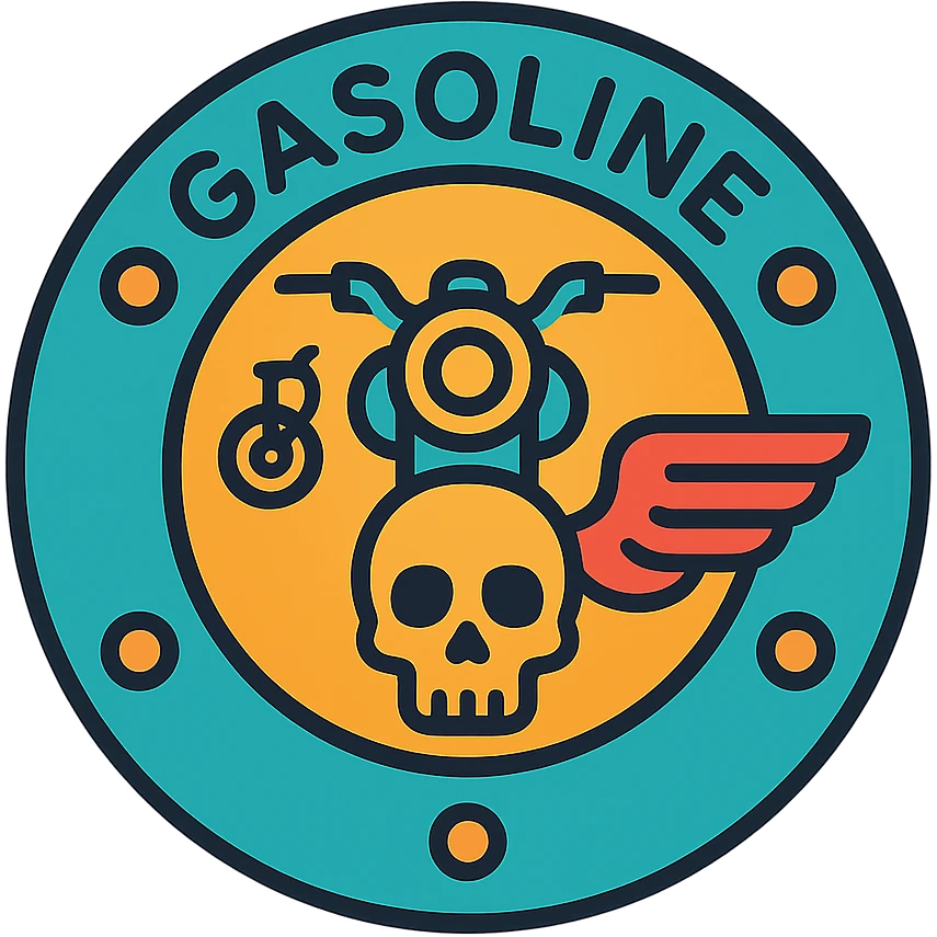 circular motorcycle gas cap design, transparent background, text 'GASOLINE', motif: motorcycle, wing, skull, iconic style emoji