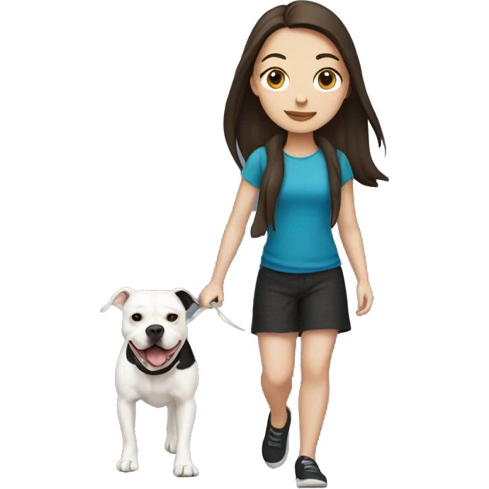 White brunette Girl walking a black pit bull emoji