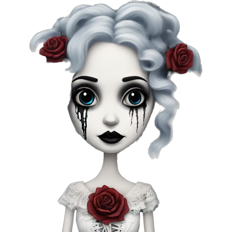 tim burton corpse bride, porcelain doll with a cracked face, goth makeup, long hair, lace and ruffles, lolita style, inked, black and white, red roses emoji