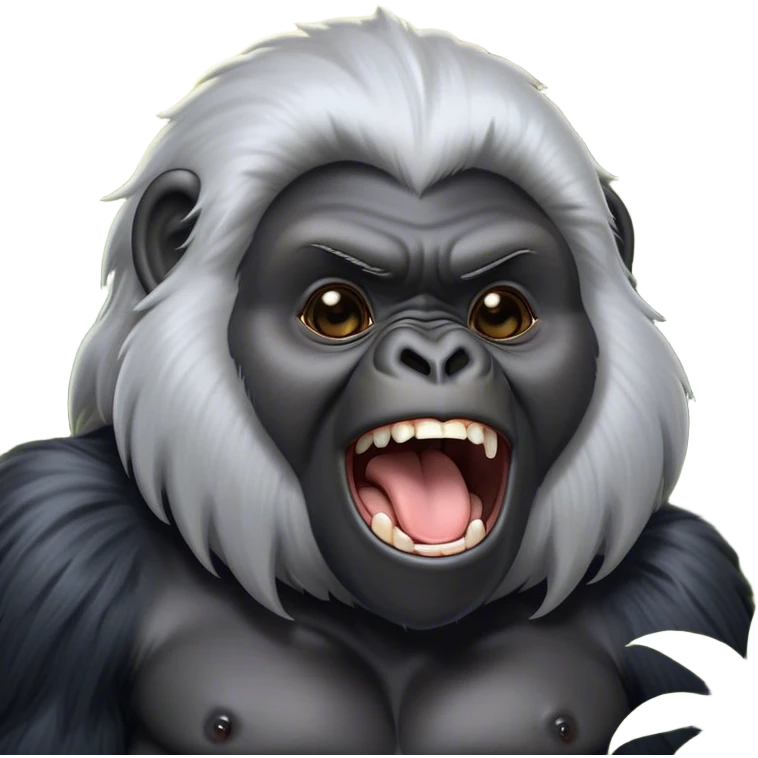 Cinematic Cute Yawning mountain Gorilla Portrait Emoji, Head tilted slightly with a dramatic, wide-open yawn, showcasing a formidable build with a silvery mane and drowsy, half-closed eyes, Simplified yet irresistibly adorable features, highly detailed, glowing with a soft, cozy jungle glow, high shine, relaxed yet expressive, stylized with a dash of whimsical primate charm, soft glowing outline, capturing the essence of a drowsy yet affectionate guardian that appears ready to stretch out for a nap! emoji