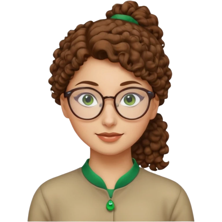 iranian woman, tight curly light brown hair in one high pony tail, glasses, green eyes, pretty, oval shape face, no hajib emoji