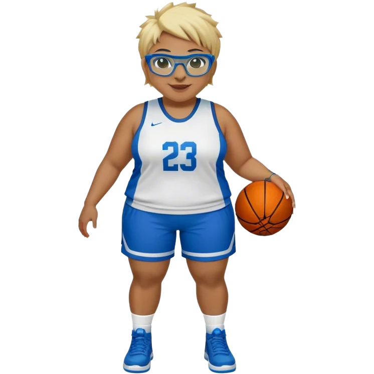 Full Body plus size white female with short spike hair wearing blue glasses basketball player wearing blue green uniform smiling emoji