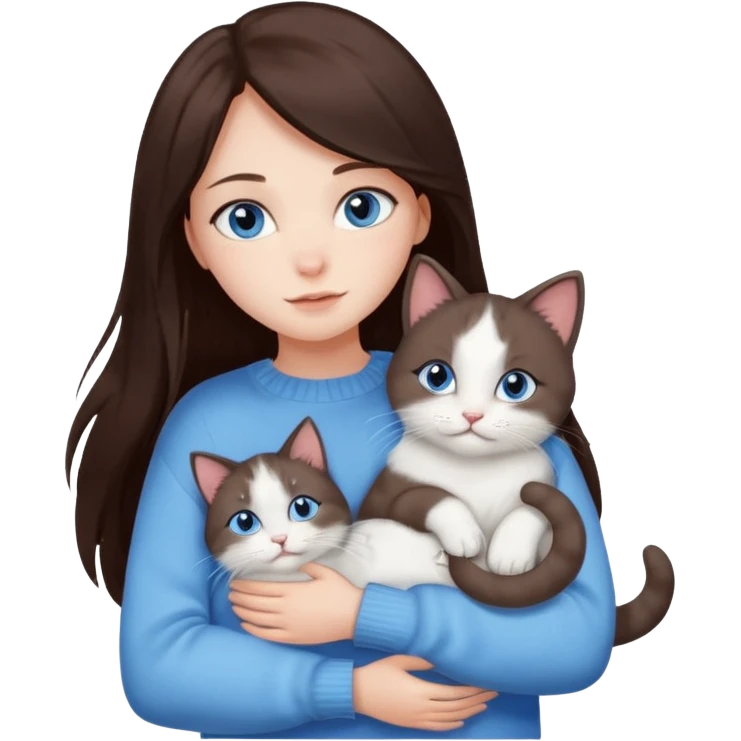 a girl with long dark 
brown hair, with blue eyes, in a
white sweater, hugs 3 different natural coloured cats emoji