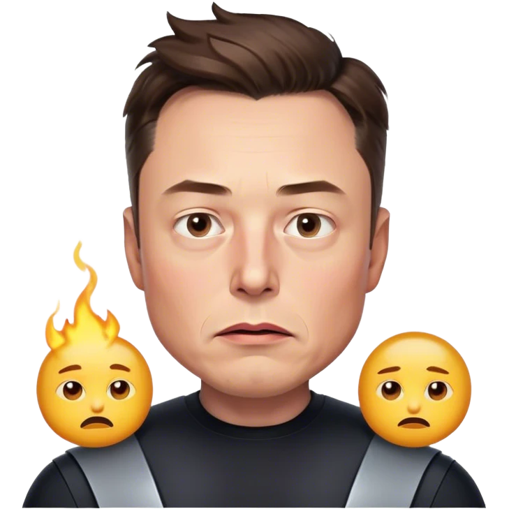A photorealistic emoji-style illustration of Elon Musk's head, no neck, slightly turned to the right with a concerned expression. Highly detailed, smooth, and polished like an iOS emoji, with realistic skin, hair, and lighting. Transparent background. emoji
