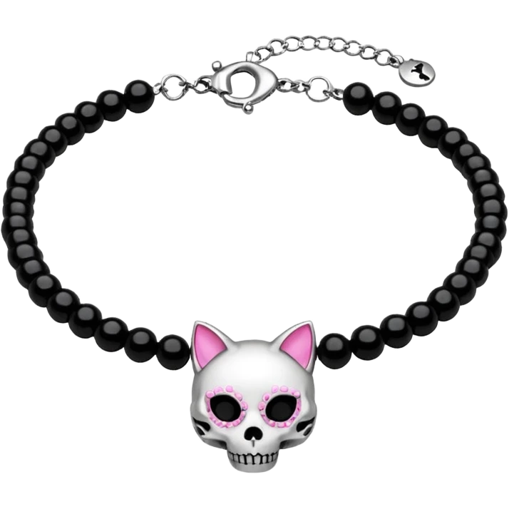 Thick black beaded choker with cat skull, silver and pink  emoji