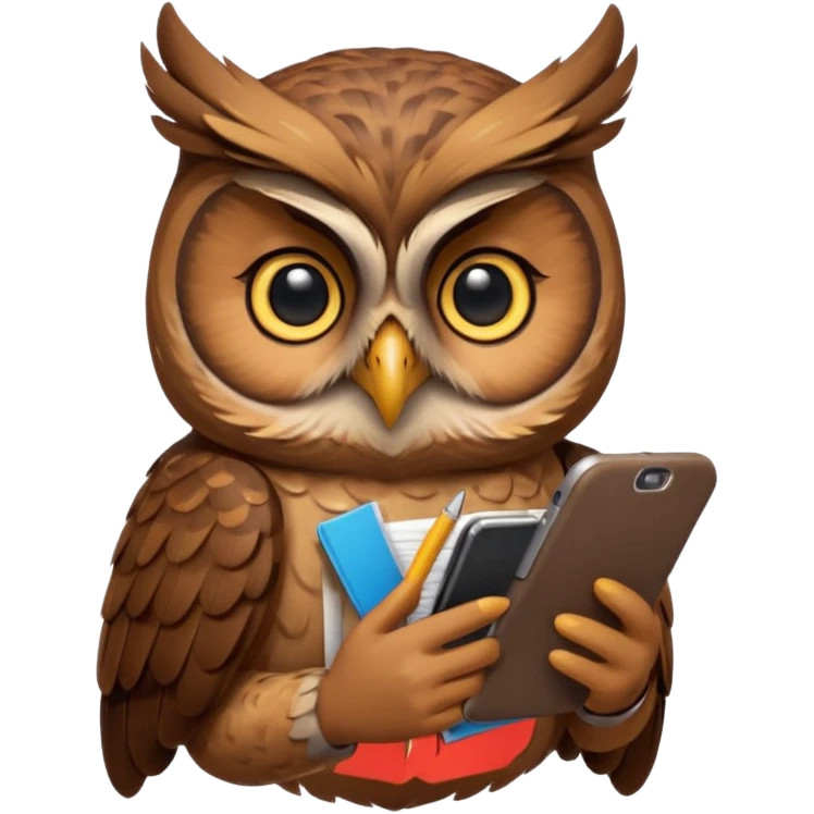 Сова  держит телефон крылом, внимательно слушает, блокнот под лапой  emoji