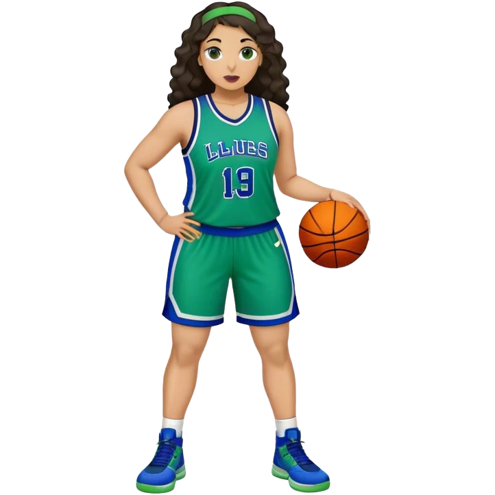 full body plus size light skin latino women basketball player with wavy dark hair large wide nose wearing blue with green uniform emoji