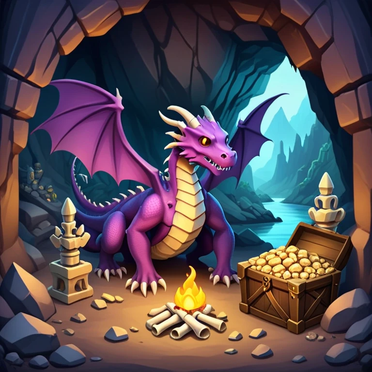 Dragon lair in a mountain cave with treasure piles and bones emoji