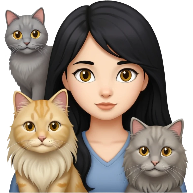 black hair girl with a grey longhair cat and four british longhair golden emoji