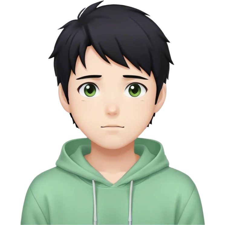 Gorgeous pastel green sweater black hair anime style shojo guy with blushing face and, hoodie, aesthetic, young adult, trending style outside  emoji