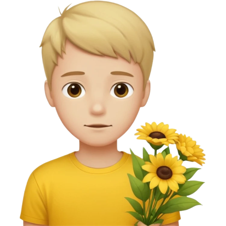 generate an ios genmoji of a 20 year old fair boy with faint upper lip hair (brown). should look like he cant grow a mustache., carrying a flower bouquet, wearing a yellow tshirt, looking shy emoji