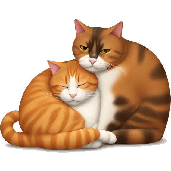 Fat Orange cat and skinny brown calico cat cuddling together emoji