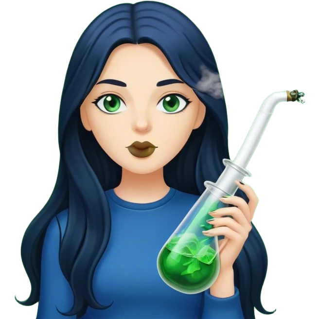 White Girl with dark black/blue long hair. She is Smoking out of a green bong smoke above her. emoji