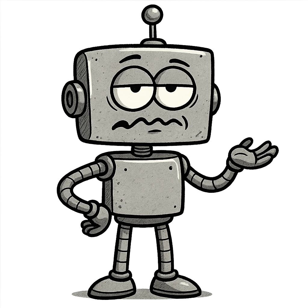 sarcastic robot, cartoon style, rolling eyes, metallic body emoji