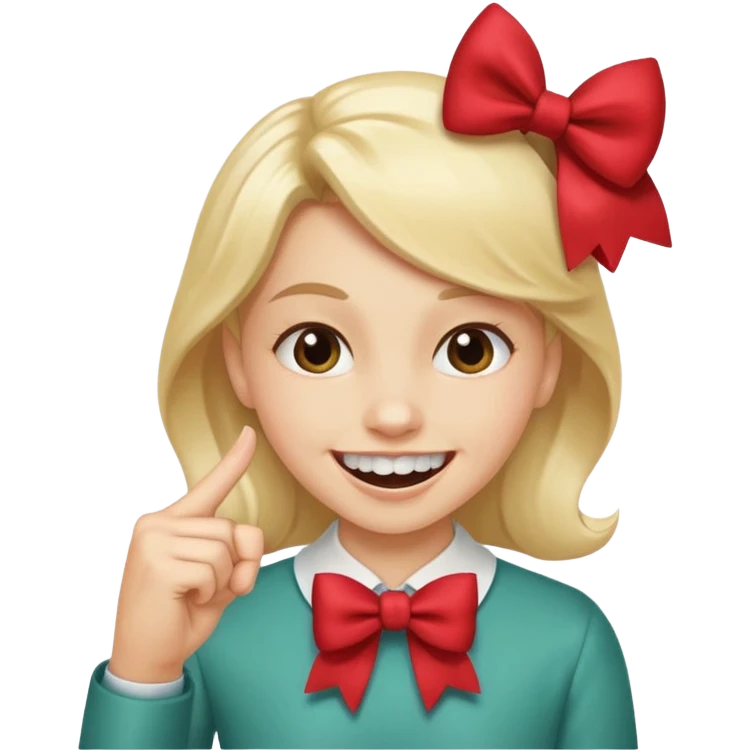 smile with teeth wearing a bow and biting a pointed finger emoji