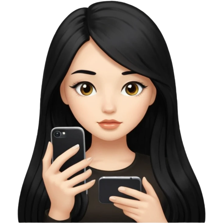 a girl with silk long black hair having fomo looking at her phone, she has long lashes  emoji