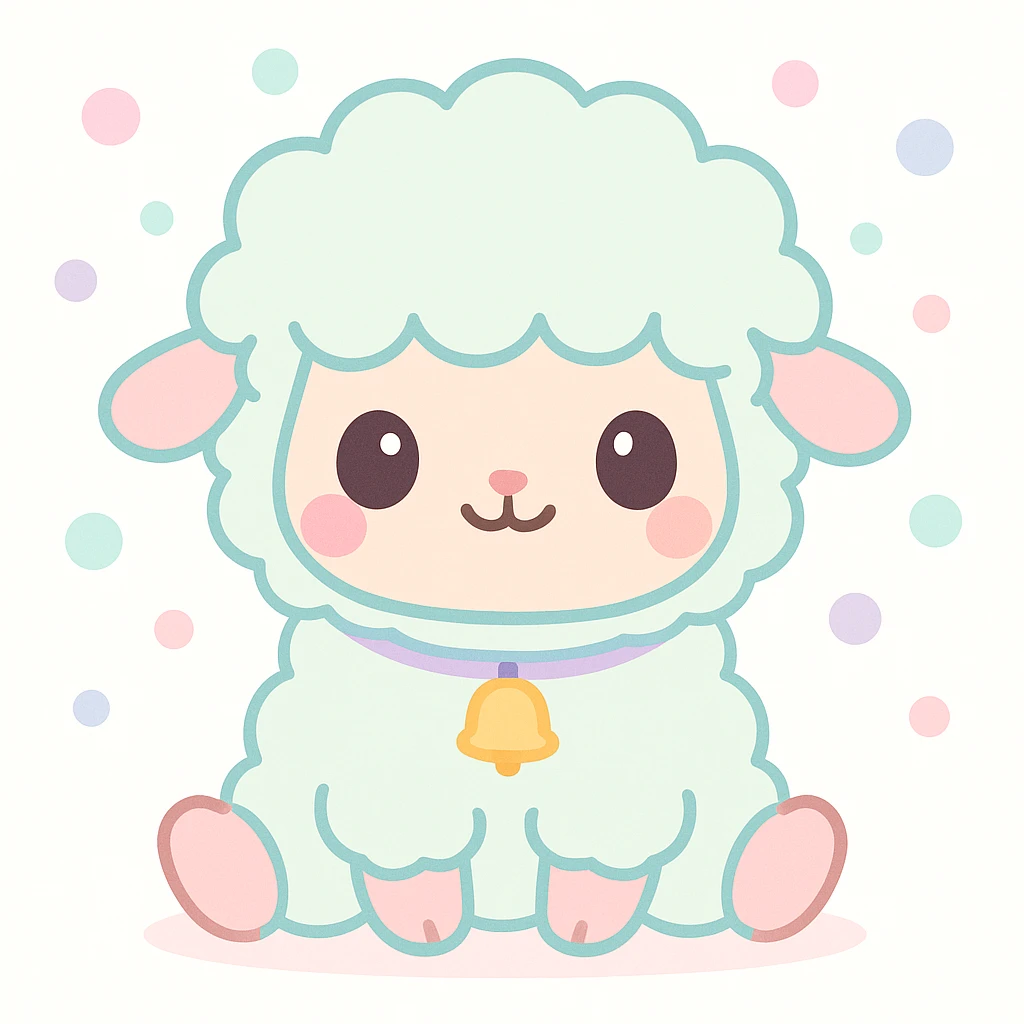 kawaii fluffy sheep sitting down with a tiny bell emoji