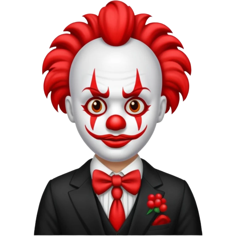 Crea un payaso con cara blanca sin pelo con cuernos negros y un traje rojo con negro emoji