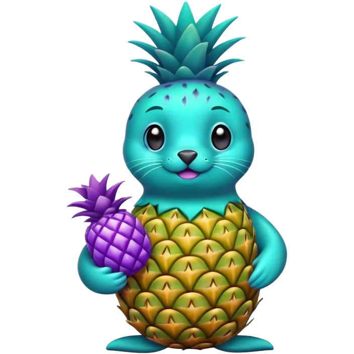 seal that is completely teal-colored holding a pineapple that is completely purple-colored emoji