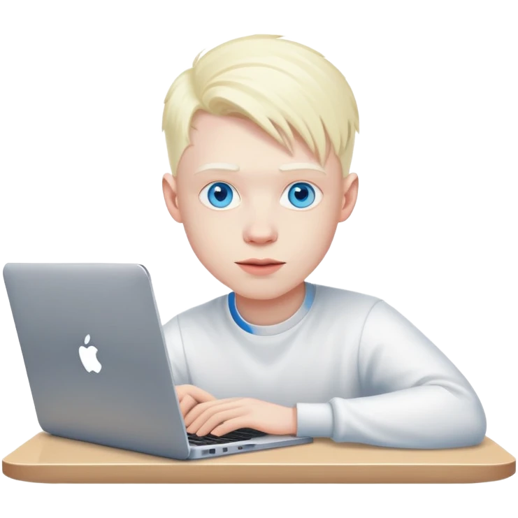 albino youtuber on laptop with desk with blue eyes emoji