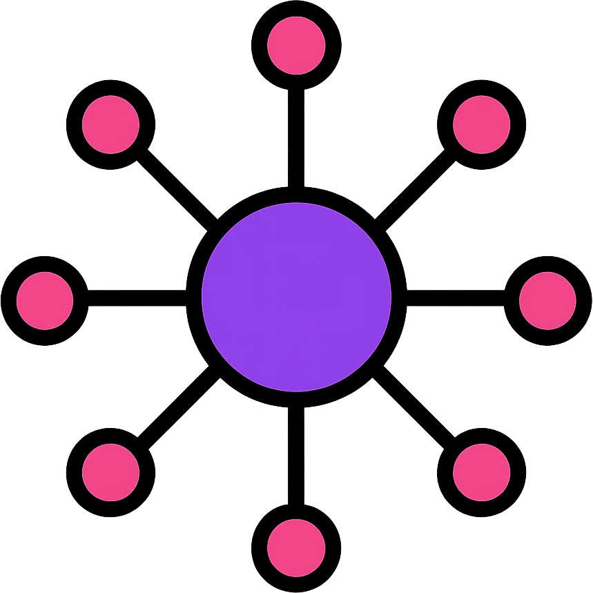 minimalist abstract icon of a global internet network, points connected by neon violet and magenta lines in circular or hexagonal pattern, radiating from center, on white background, optimized for small size emoji