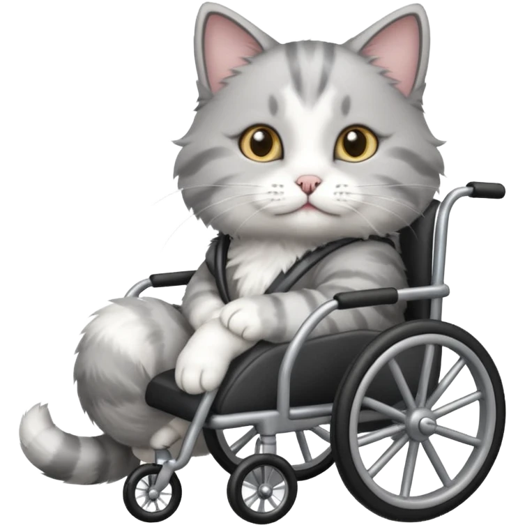 grey and white cat in a cat wheelchair emoji